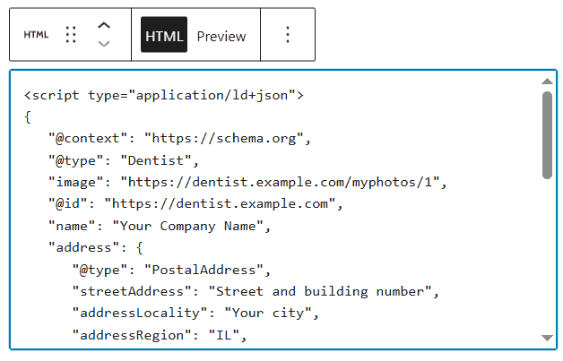 Add Schema markup in WordPress with Custom HTML Block