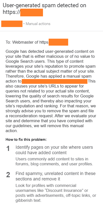 User generated spam manual action Google