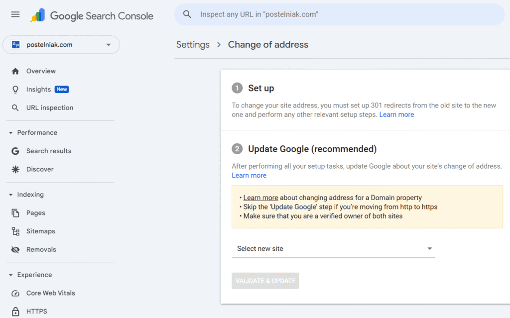 Change of Address Search Console