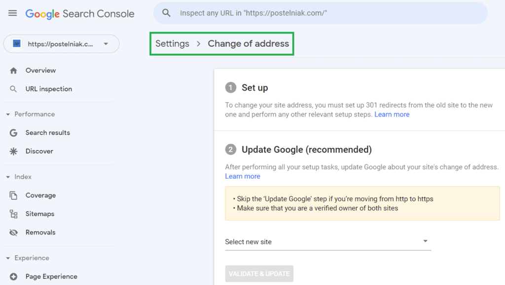 Change of address tool in Search Console