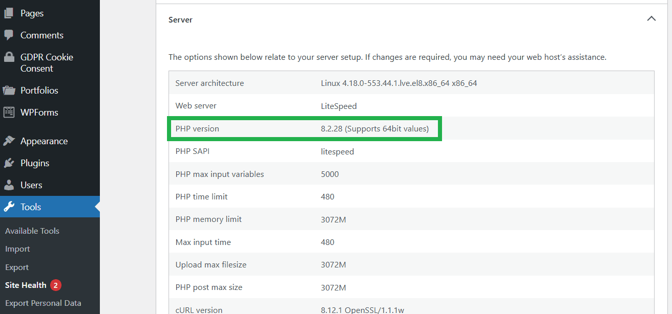 PHP version in WordPress admin panel