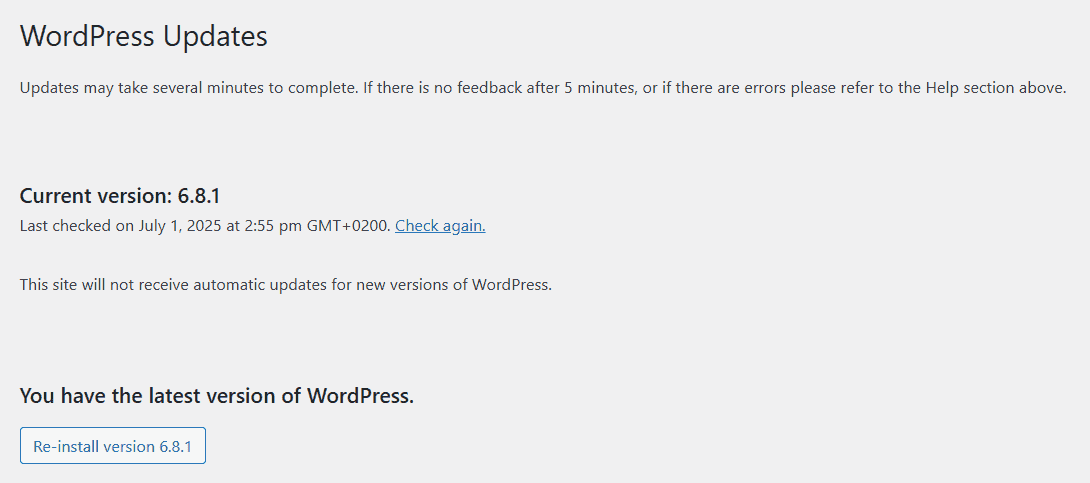 WordPress Updates section in admin panel