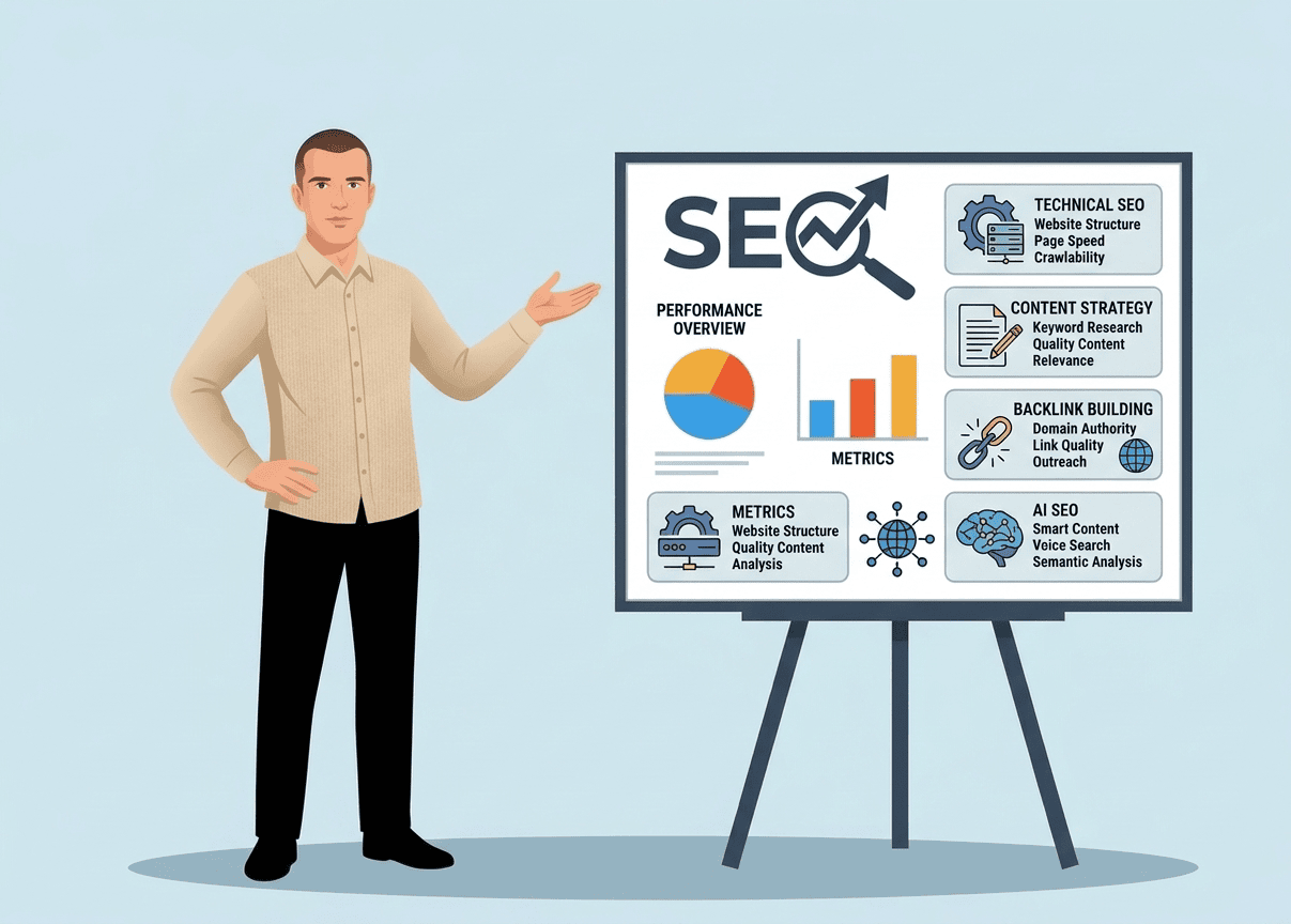 Man explaining SEO using stand