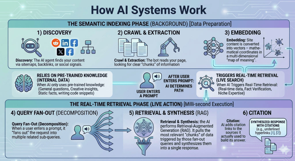 AI Search Engine Optimization - detailed infographic with phases and stages